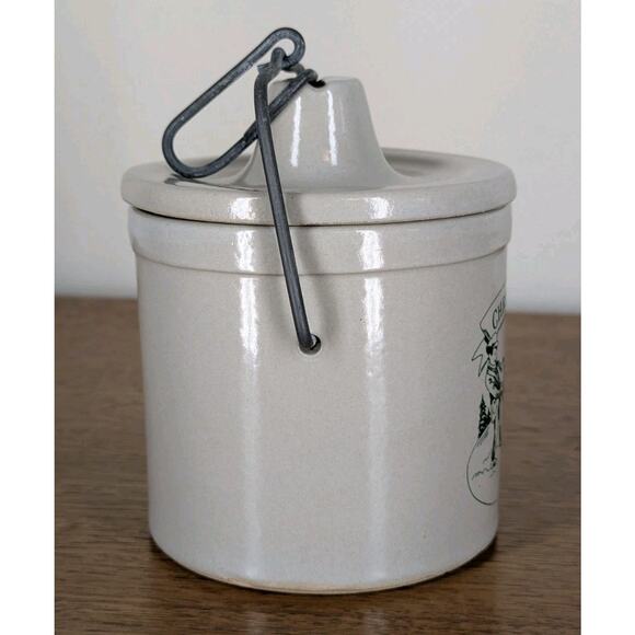 Vintage Christmas 1988 Cheese Crock Stoneware With Lid & Wire Bale Handle - Picture 5 of 9